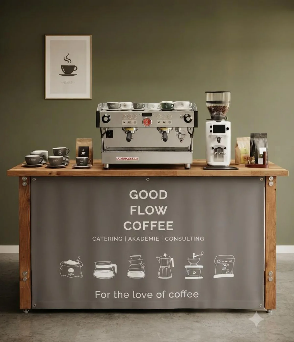 Seitliche Ansicht der mobilen GOOD FLOW Kaffeebar mit Holzarbeitsfläche und Siebträgermaschine